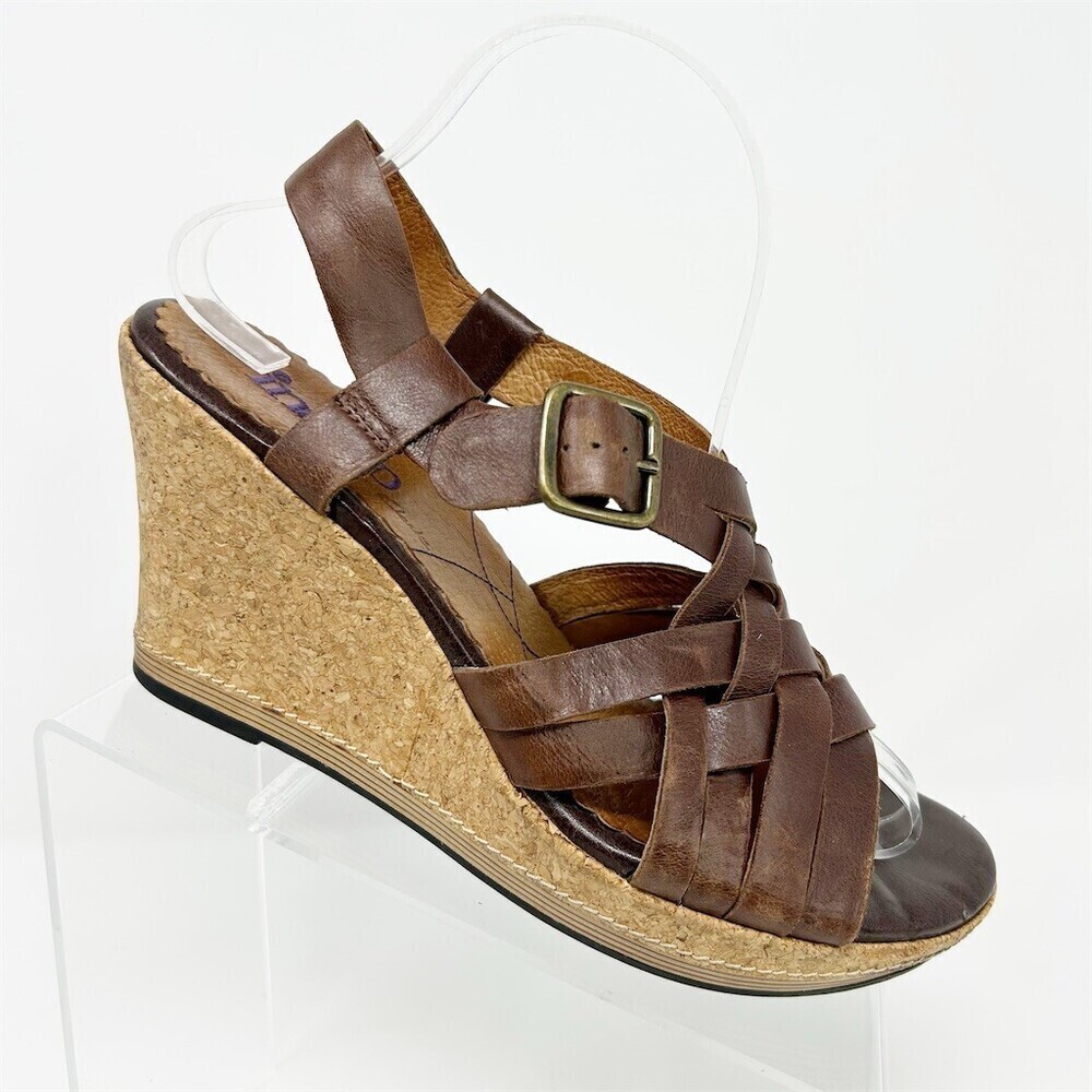 Clarks Indigo Brown Leather Woven Strappy Slingback Wedge Sandals Size 9.5
